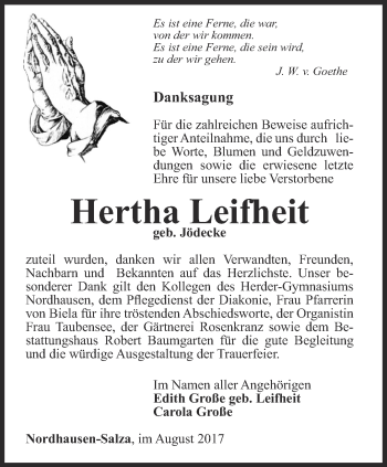 Traueranzeige von Hertha Leifheit von Thüringer Allgemeine