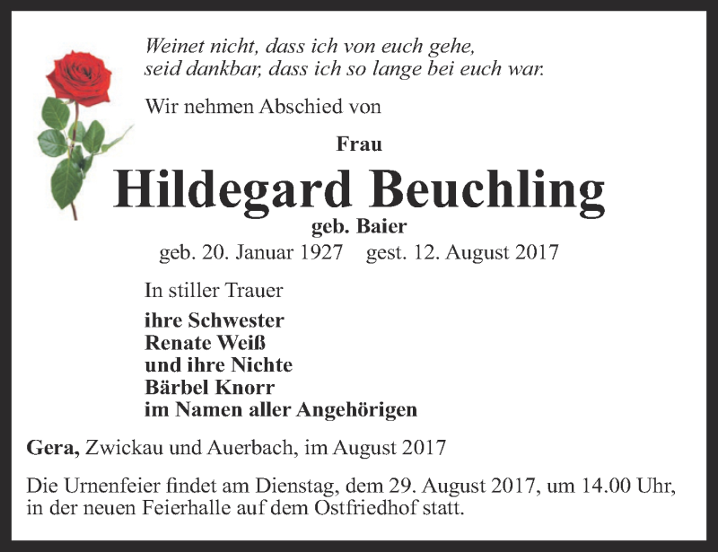  Traueranzeige für Hildegard Beuchling vom 19.08.2017 aus Ostthüringer Zeitung