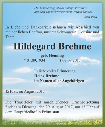 Traueranzeige von Hildegard Brehme von Thüringer Allgemeine, Thüringische Landeszeitung