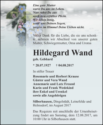 Traueranzeige von Hildegard Wand von Thüringer Allgemeine