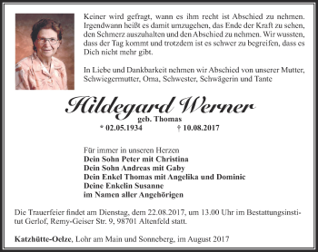 Traueranzeige von Hildegard Werner von Ostthüringer Zeitung