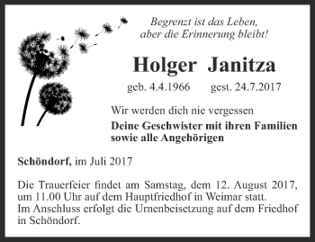 Traueranzeige von Holger Janitza von Thüringer Allgemeine, Thüringische Landeszeitung