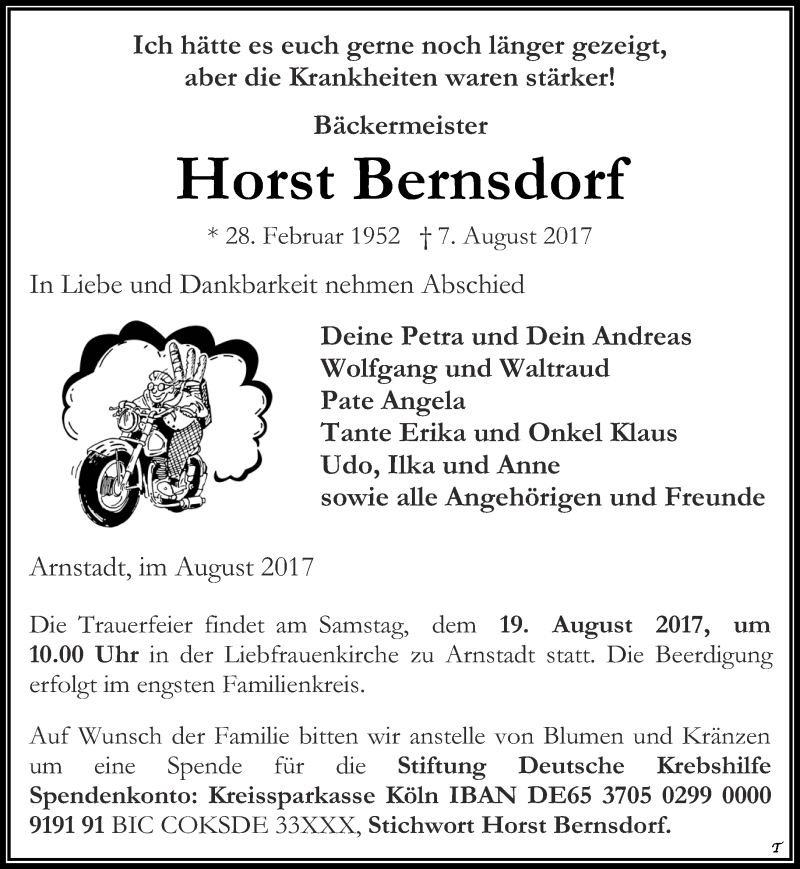  Traueranzeige für Horst Bernsdorf vom 12.08.2017 aus Thüringer Allgemeine