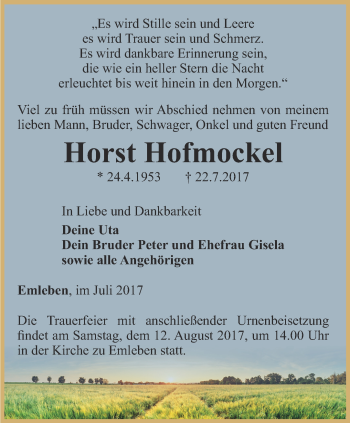 Traueranzeige von Horst Hofmockel von Ostthüringer Zeitung, Thüringische Landeszeitung