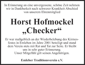 Traueranzeige von Horst Hofmockel von Ostthüringer Zeitung, Thüringische Landeszeitung