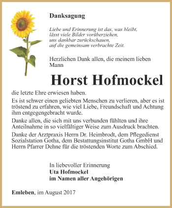 Traueranzeige von Horst Hofmockel von Ostthüringer Zeitung, Thüringische Landeszeitung