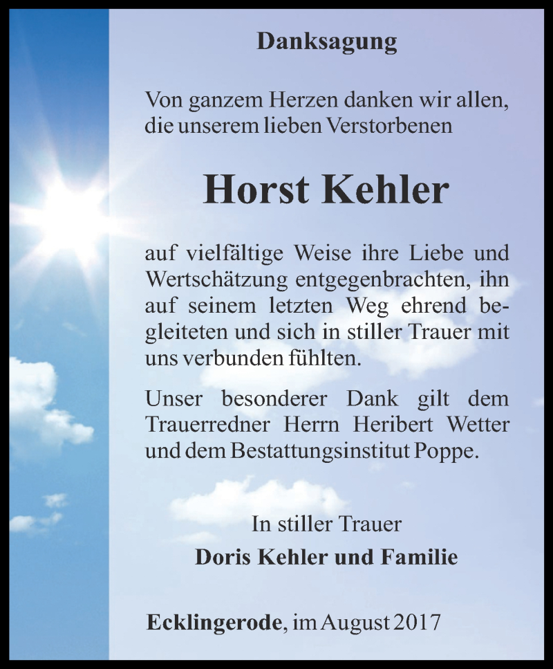  Traueranzeige für Horst Kehler vom 11.08.2017 aus Thüringer Allgemeine