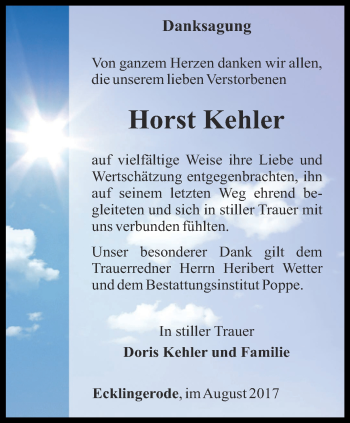 Traueranzeige von Horst Kehler von Thüringer Allgemeine