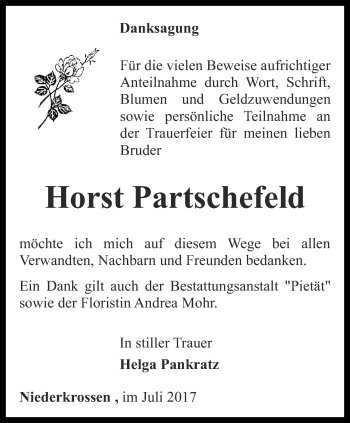 Traueranzeige von Horst Partschefeld von Ostthüringer Zeitung