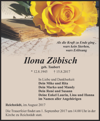 Traueranzeige von Ilona Zöbisch von Ostthüringer Zeitung