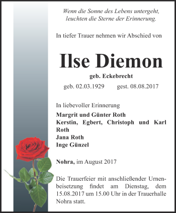 Traueranzeige von Ilse Diemon von Thüringer Allgemeine