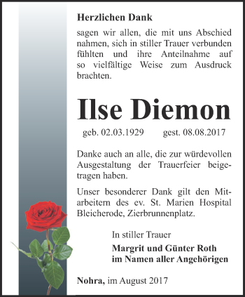 Traueranzeige von Ilse Diemon von Thüringer Allgemeine