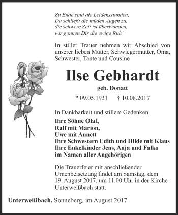 Traueranzeige von Ilse Gebhardt von Ostthüringer Zeitung