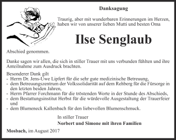 Traueranzeige von Ilse Senglaub von Thüringer Allgemeine, Thüringische Landeszeitung