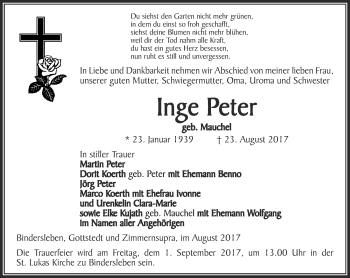 Traueranzeige von Inge Peter von Thüringer Allgemeine, Thüringische Landeszeitung