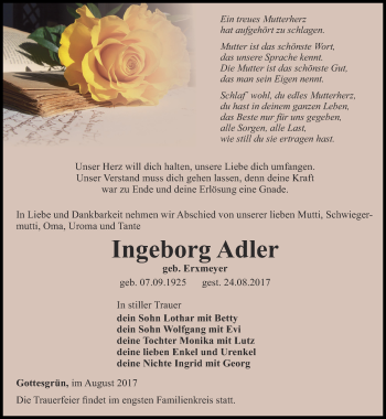 Traueranzeige von Ingeborg Adler