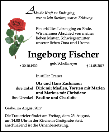 Traueranzeige von Ingeborg Fischer von Thüringer Allgemeine, Thüringische Landeszeitung