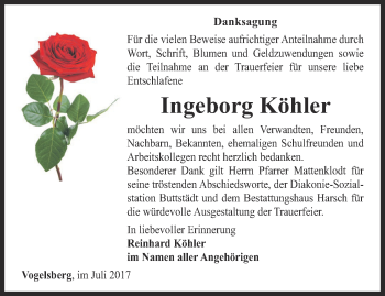 Traueranzeige von Ingeborg Köhler von Thüringer Allgemeine