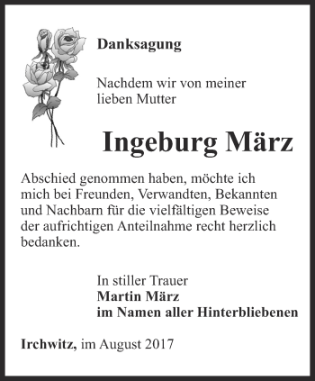 Traueranzeige von Ingeburg März von Ostthüringer Zeitung