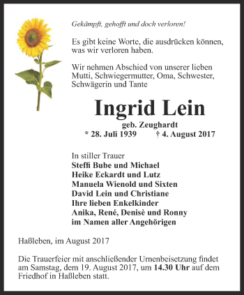 Traueranzeige von Ingrid Lein von Thüringer Allgemeine, Thüringische Landeszeitung