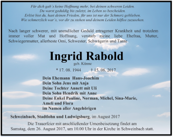 Traueranzeige von Ingrid Rabold von Ostthüringer Zeitung