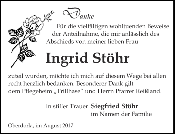 Traueranzeige von Ingrid Stöhr von Thüringer Allgemeine, Thüringische Landeszeitung