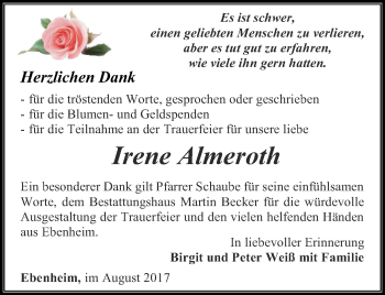 Traueranzeige von Irene Almeroth von Ostthüringer Zeitung, Thüringische Landeszeitung