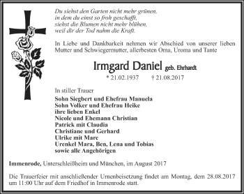 Traueranzeige von Irmgard Daniel von Thüringer Allgemeine