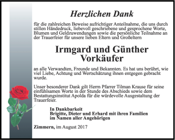 Traueranzeige von Irmgard und Günther Vorkäufer von Ostthüringer Zeitung, Thüringische Landeszeitung