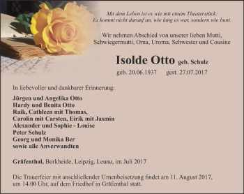 Traueranzeige von Isolde Otto von Ostthüringer Zeitung