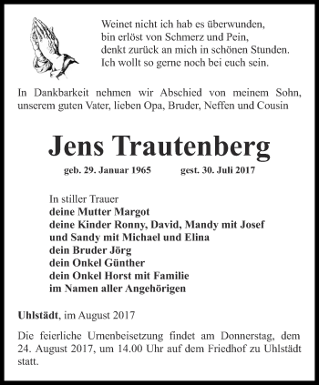 Traueranzeige von Jens Trautenberg von Ostthüringer Zeitung