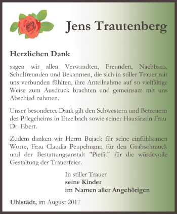 Traueranzeige von Jens Trautenberg von Ostthüringer Zeitung