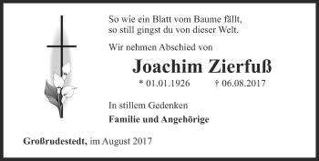 Traueranzeige von Joachim Zierfuß von Thüringer Allgemeine, Thüringische Landeszeitung