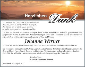 Traueranzeige von Johanna Werner von Ostthüringer Zeitung