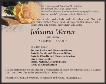 Traueranzeige von Johanna Werner von Ostthüringer Zeitung