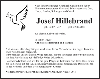 Traueranzeige von Josef Hillebrand von Thüringer Allgemeine