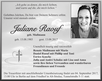 Traueranzeige von Juliane Raouf von Thüringer Allgemeine, Thüringische Landeszeitung