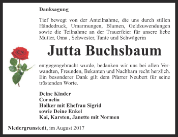 Traueranzeige von Jutta Buchsbaum von Thüringer Allgemeine, Thüringische Landeszeitung