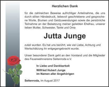 Traueranzeige von Jutta Junge von Ostthüringer Zeitung, Thüringische Landeszeitung