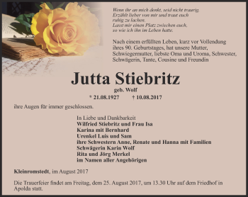 Traueranzeige von Jutta Stiebritz von Thüringer Allgemeine, Thüringische Landeszeitung