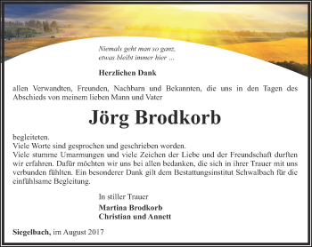 Traueranzeige von Jörg Brodkorb von Thüringer Allgemeine