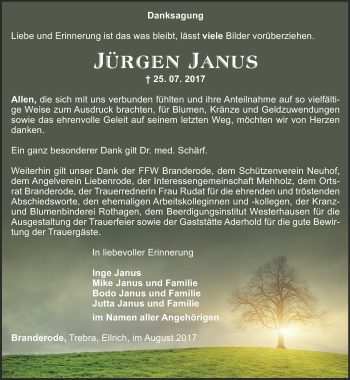 Traueranzeige von Jürgen Janus von Thüringer Allgemeine