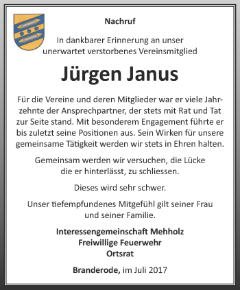 Traueranzeige von Jürgen Janus von Thüringer Allgemeine