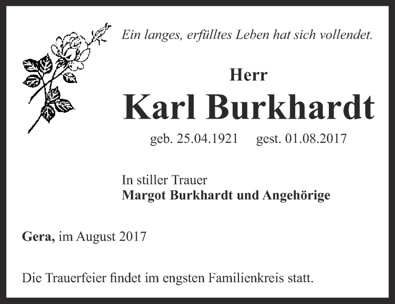  Traueranzeige für Karl Burkhardt vom 05.08.2017 aus Ostthüringer Zeitung