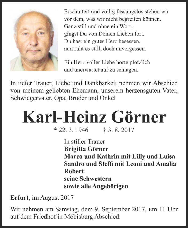 Traueranzeigen von KarlHeinz Görner trauerinthueringen.de