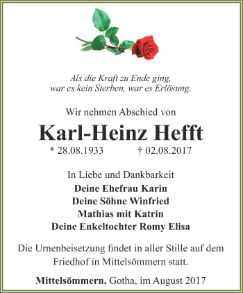 Traueranzeige von Karl-Heinz Hefft von Ostthüringer Zeitung, Thüringische Landeszeitung