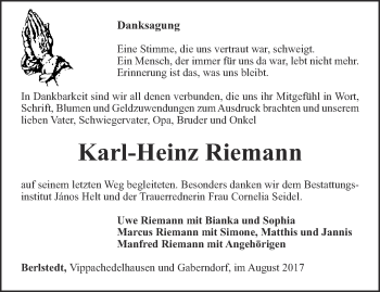 Traueranzeige von Karl-Heinz Riemann von Thüringer Allgemeine, Thüringische Landeszeitung