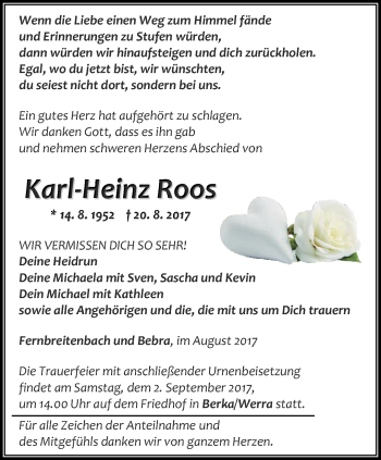 Traueranzeige von Karl-Heinz Roos von Thüringer Allgemeine, Thüringische Landeszeitung
