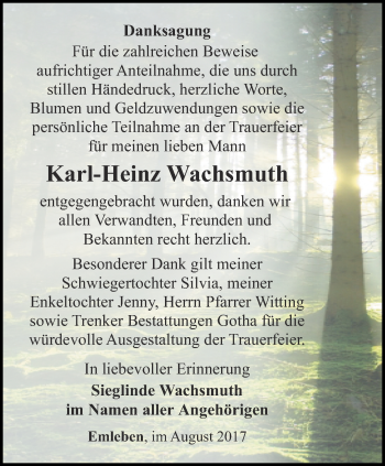 Traueranzeige von Karl-Heinz Wachsmuth von Ostthüringer Zeitung, Thüringische Landeszeitung