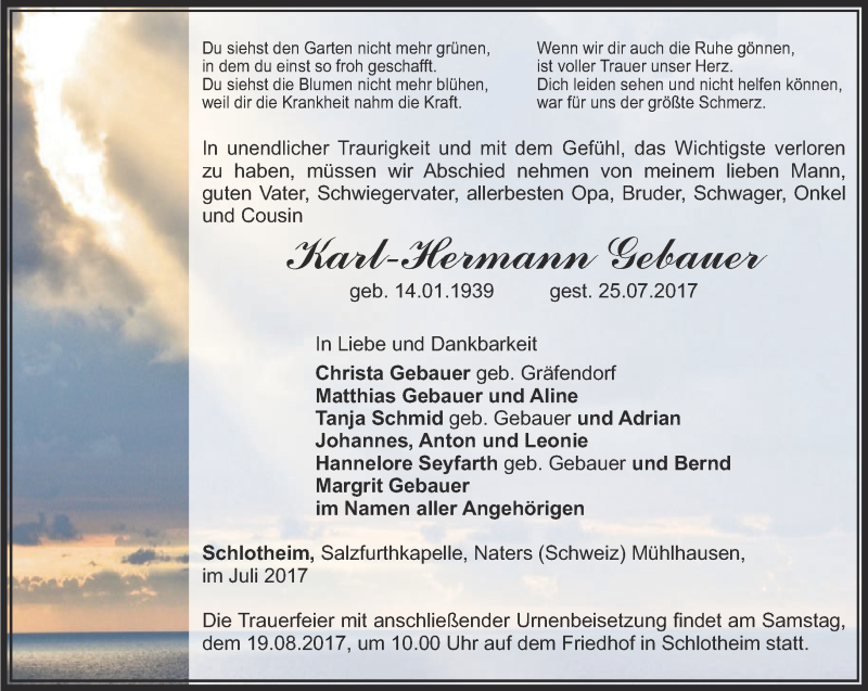  Traueranzeige für Karl-Hermann Gebauer vom 12.08.2017 aus Thüringer Allgemeine, Thüringische Landeszeitung
